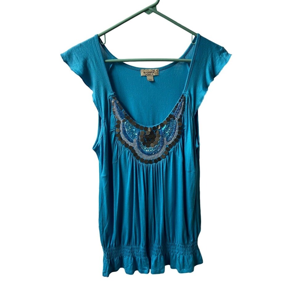 One World Knit Top Womens Small Blue Peplum Sequined Cap Sleeve
